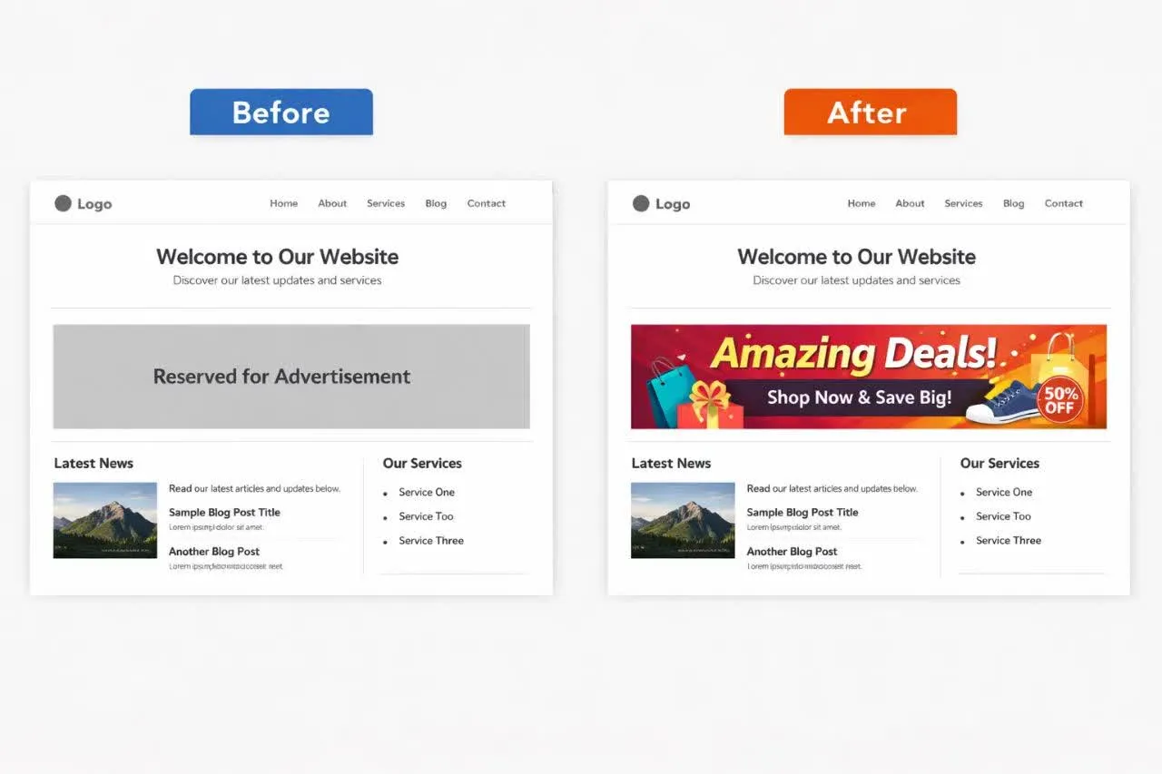 مقایسه صفحه وب قبل و بعد از رزرو فضای تبلیغاتی برای بنرها، جلوگیری از جابجایی محتوا.