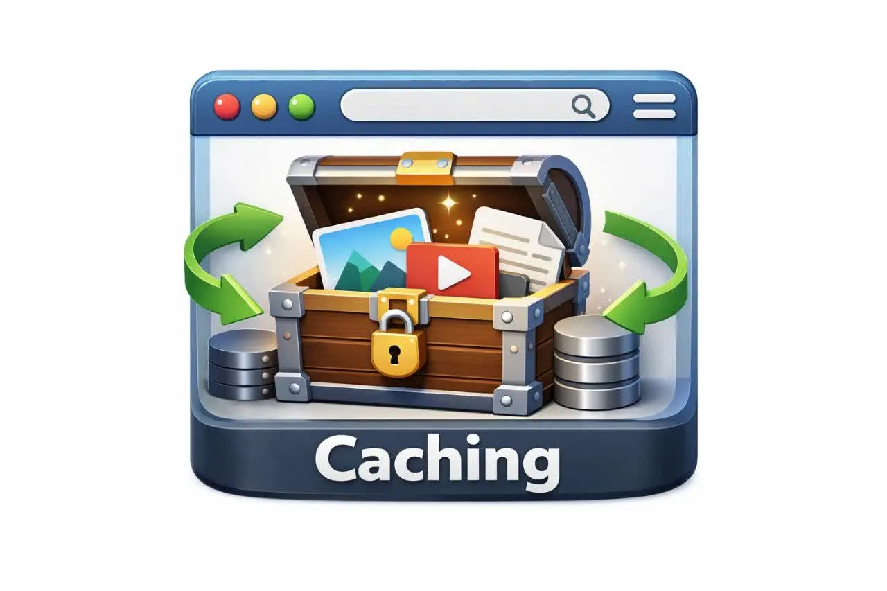 آیکون مرورگر با صندوقچه ذخیرهسازی، نشاندهنده فعالسازی کش مرورگر برای ذخیره داراییهای سایت.