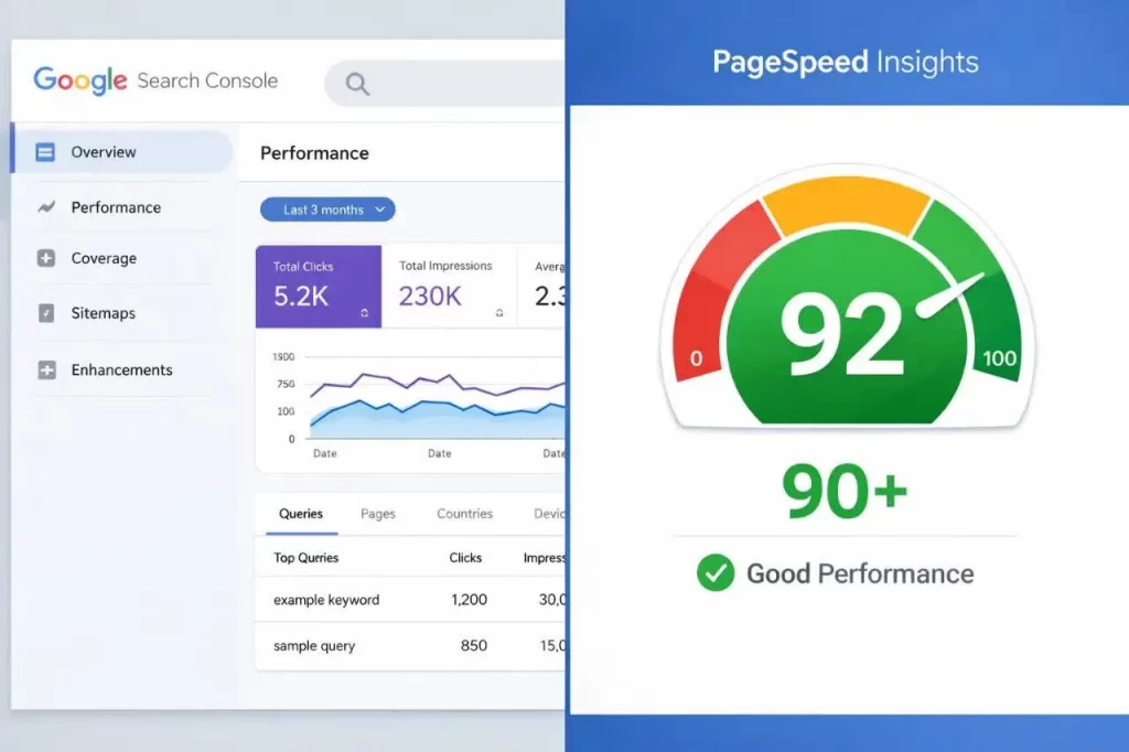 تصویر تقسیمشده از داشبورد Google Search Console و ابزار PageSpeed Insights با امتیاز بالا.