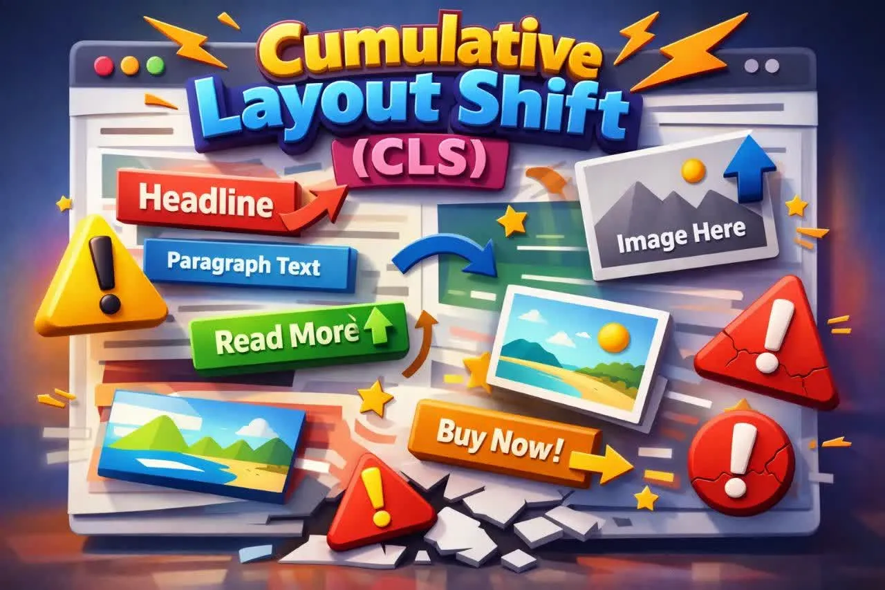 نمایش بصری Cumulative Layout Shift (CLS) با محتوای صفحه وب که جابجا میشود و آیکونهای هشدار.