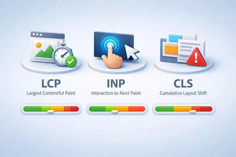 اینفوگرافیک معرفی سه معیار اصلی Core Web Vitals: LCP، INP و CLS با آیکونهای مدرن و نوارهای پیشرفت.
