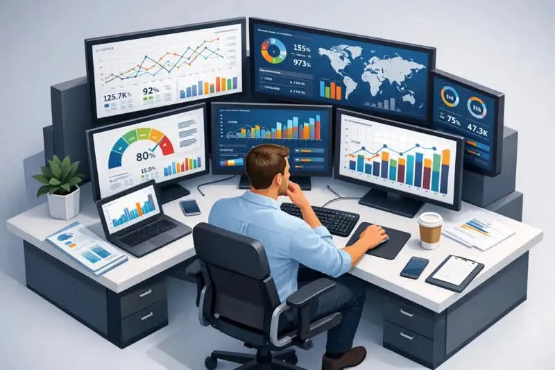 فردی در حال تحلیل نمودارها و گرافهای پیچیده عملکرد وبسایت روی چندین مانیتور.
