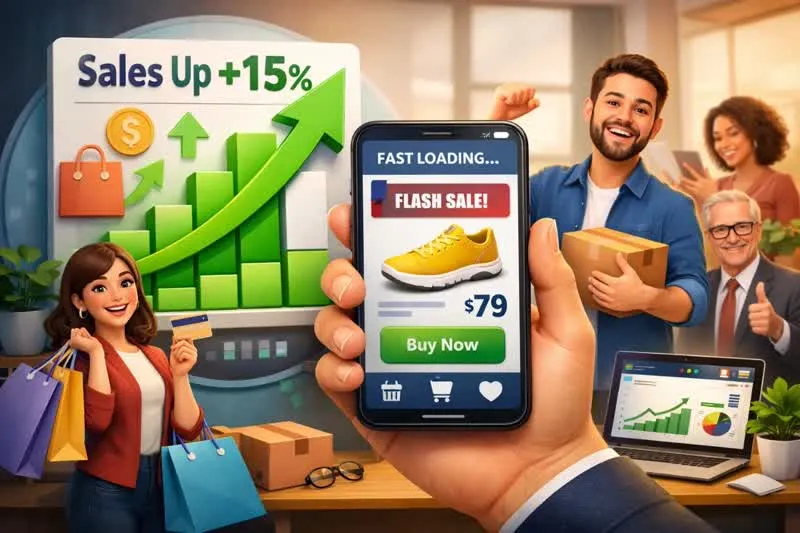 تصویرسازی موفقیت یک فروشگاه اینترنتی با نمودار افزایش ۱۵٪ فروش و اپلیکیشن موبایل سریع.