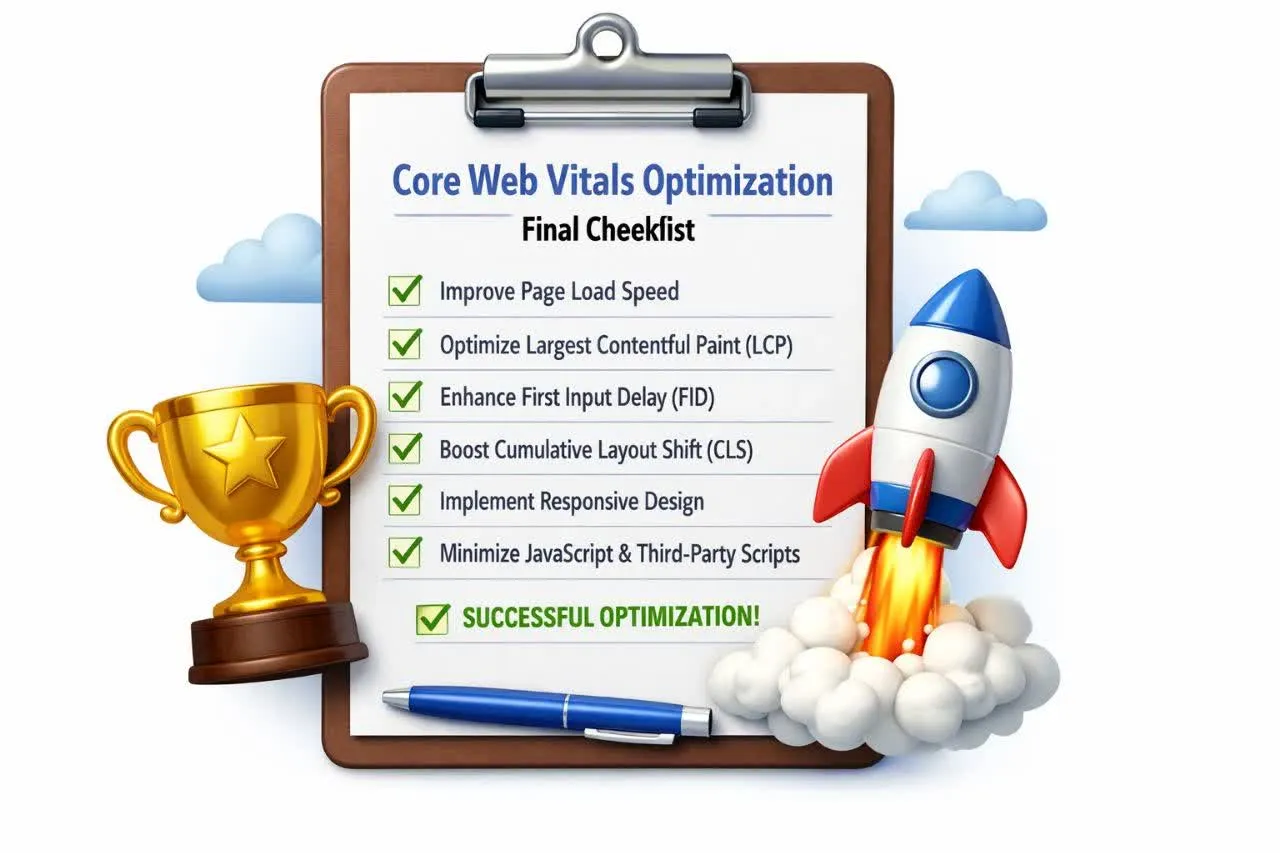 چکلیست نهایی بهینهسازی Core Web Vitals با موارد تیکخورده، جام طلا و موشک در حال پرتاب.