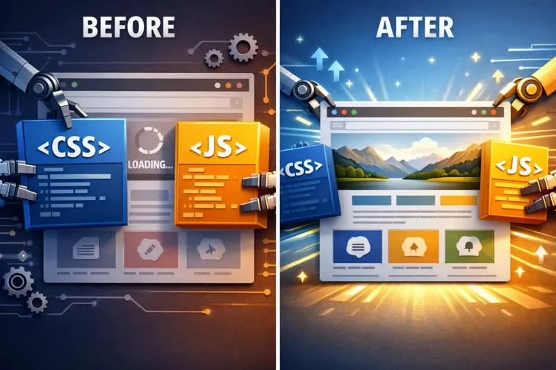 تصویرسازی حذف کدهای مسدودکننده رندر (CSS/JS) برای بارگذاری سریعتر محتوای صفحه.