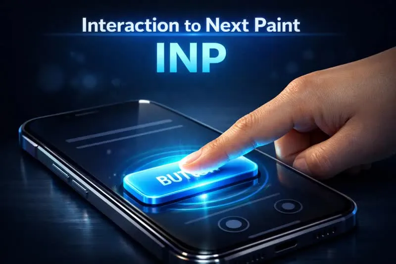 نمایش بصری Interaction to Next Paint (INP) با انگشتی که دکمهای را روی گوشی هوشمند لمس میکند.