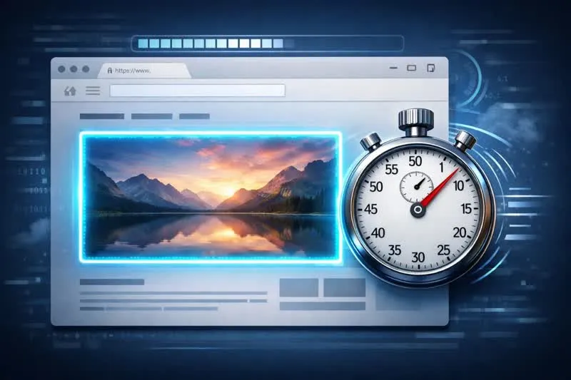 نمایش بصری بارگذاری صفحه وب با هایلایت بزرگترین محتوای صفحه (LCP) و آیکون کرونومتر.