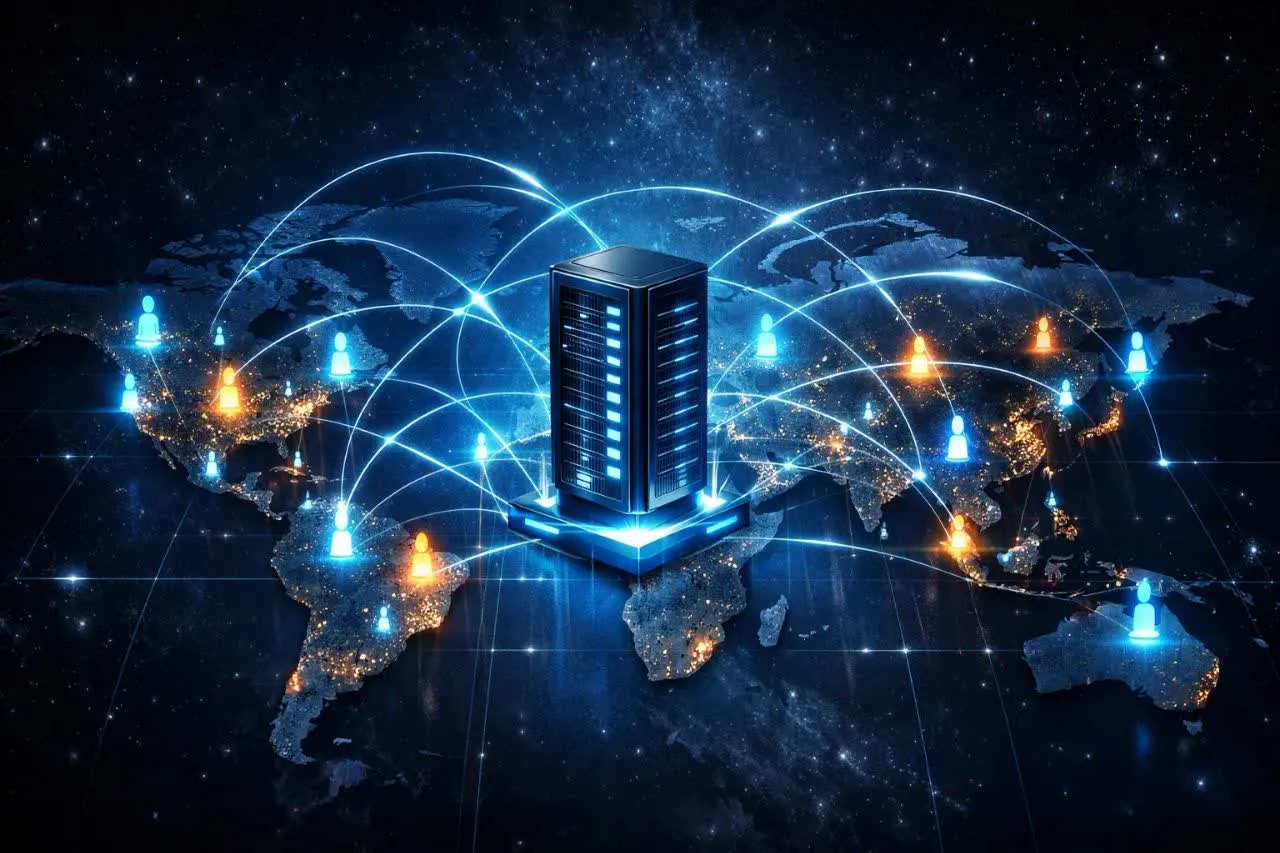 نقشه جهانی با گرهها و خطوط اتصال، نمایش شبکه توزیع محتوا (CDN) برای دسترسی سریعتر.