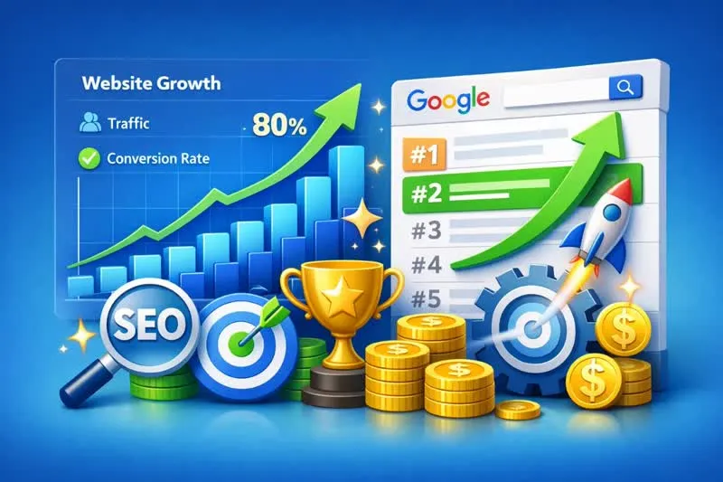 نمودار رشد کسبوکار اینترنتی، افزایش ترافیک و نرخ تبدیل با بهبود رتبه سئو در گوگل.
