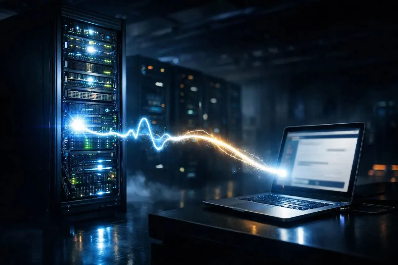 رک سرور در دیتاسنتر با پالس نوری که زمان پاسخگویی سرور (TTFB) را نشان میدهد.